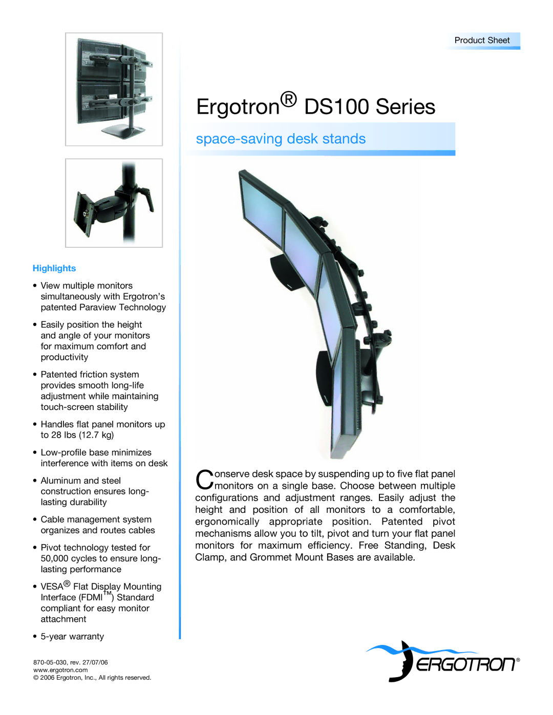 Ergotron DS100 Series warranty Ergotron DS100 Series, Space-saving desk stands, Highlights 